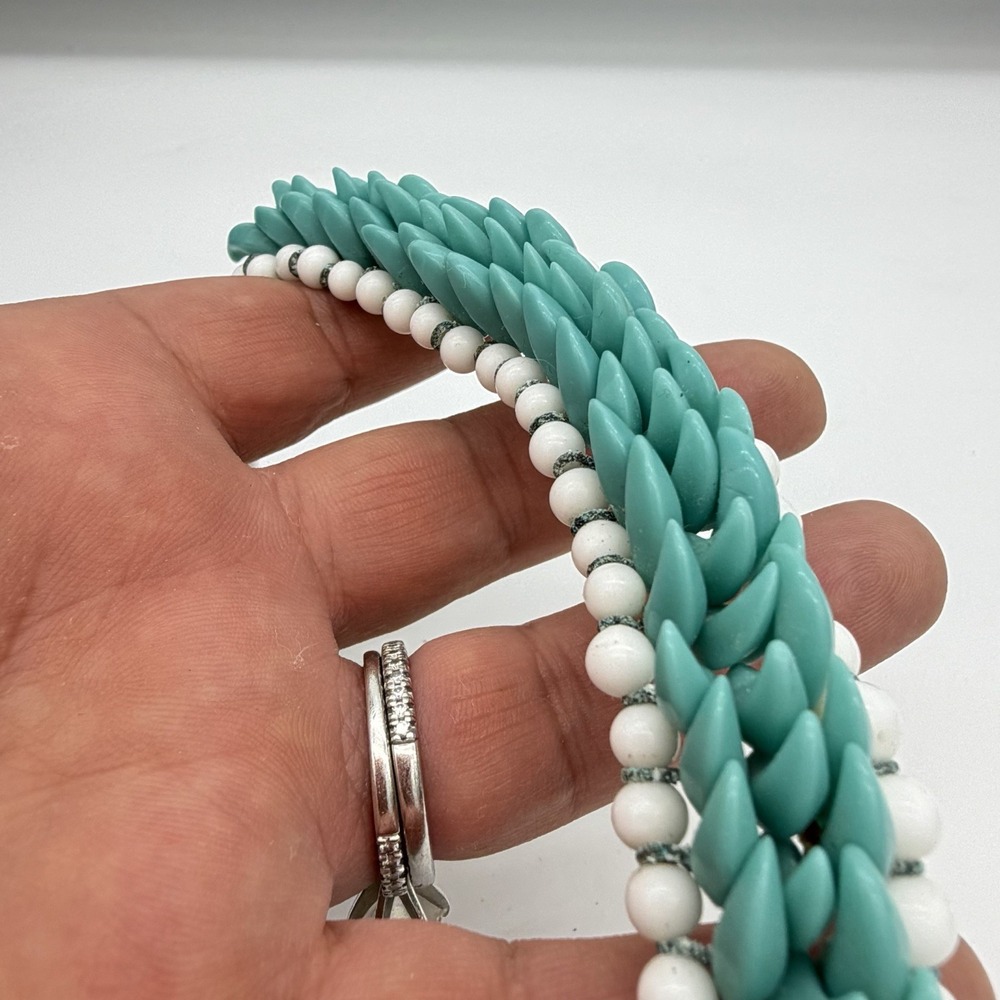 Vtg Haskell Era Turquoise Milk Glass Choker Necklace Hand Made Blue White Spiked - Picture 7 of 13